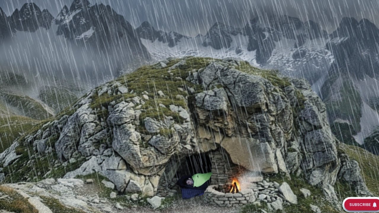 camping in heavy rain and thunderstorms-survival shelter in the woods/raining sound for sleeping