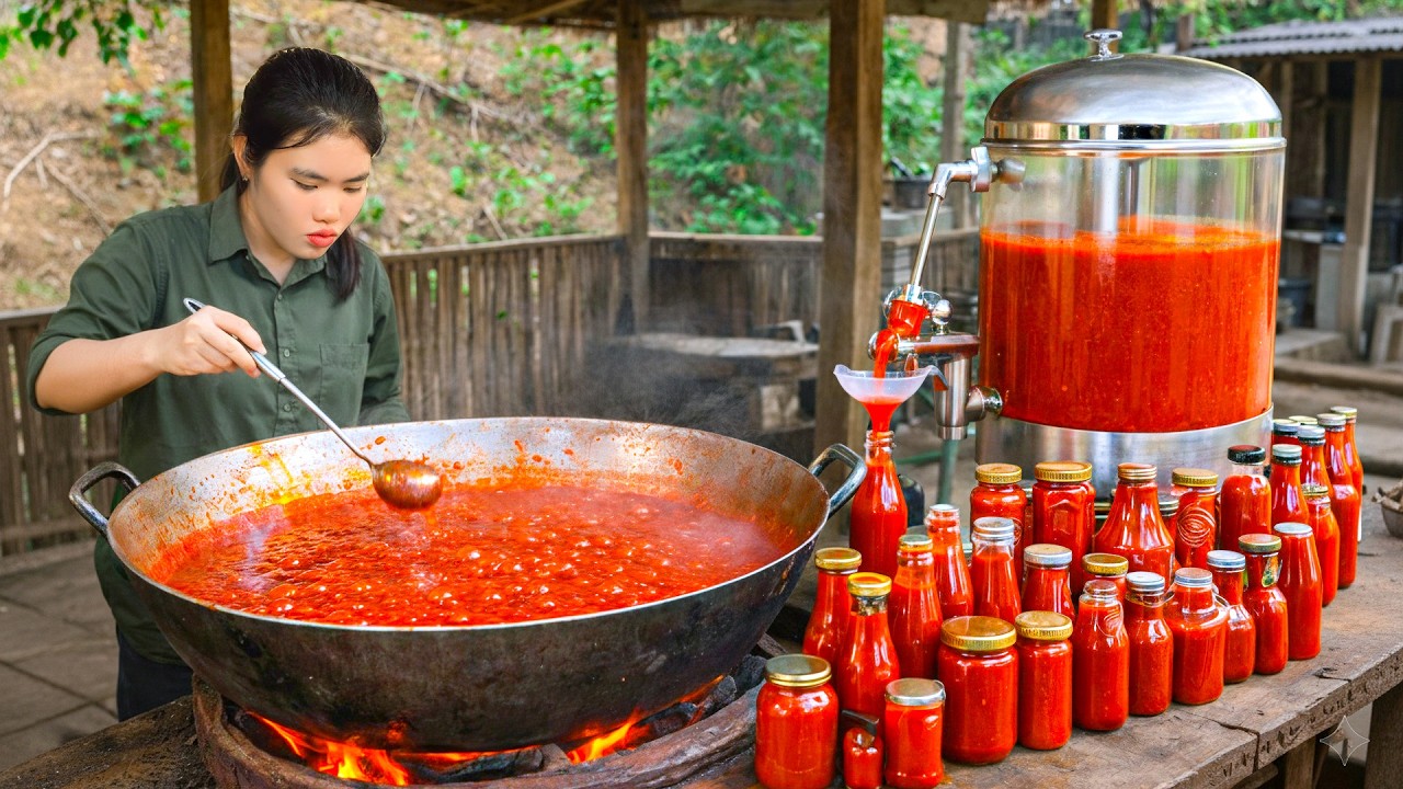 How to Make Yummy Tomato Ketchup and Selling at the Market - Harvesting Giant Tomato Garden