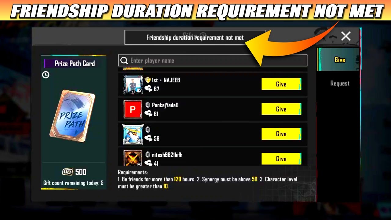 Friendship Duration Requirement Not Met PUBG Prize path Problem | Prize Path Send