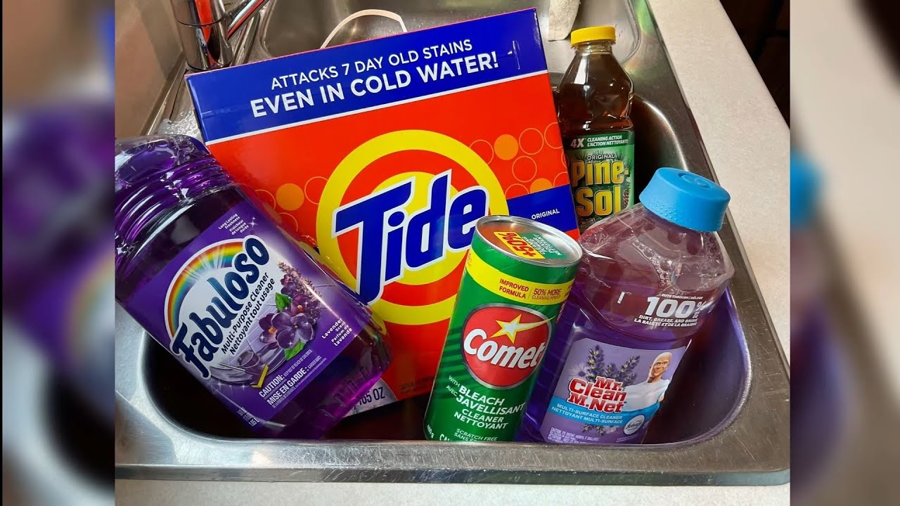 Lavender mr clean & Fabuloso, pinesol, full box of tide laundry & comet powder paste asmr