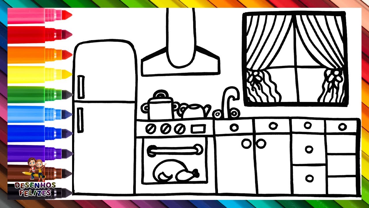 Desenhar e Colorir uma Cozinha 🏠👨‍🍳🍳🥘🌼🌈 Desenhos para Crianças