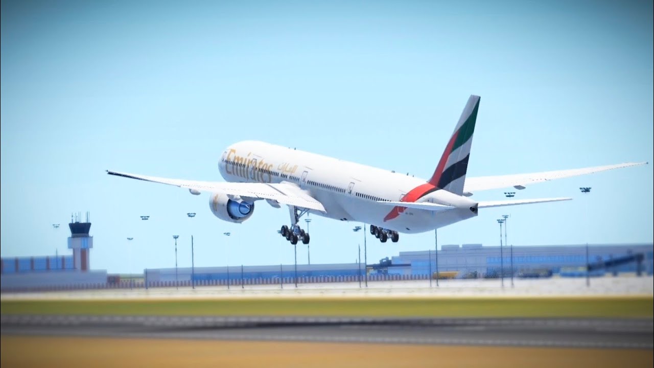 Emirates Boeing B777-300 ER taking off from Ahmedabad Airport Runway 23 for Dubai