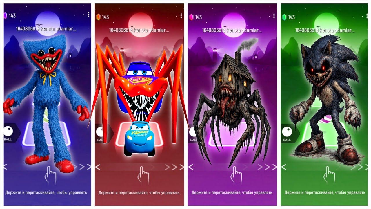 Huggy Wuggy🆚Spider Mcqueen. EXE🆚Spider House Head. EXE🆚Sonik. EXE🎶  Tiles Hop EDM Rush