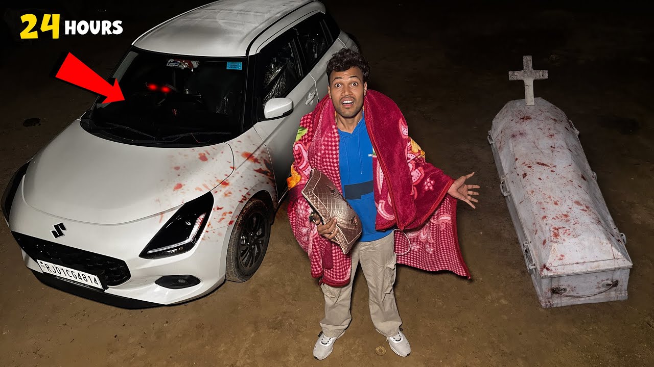 Living 24 Hours in Car Challenge At Haunted Place 😱