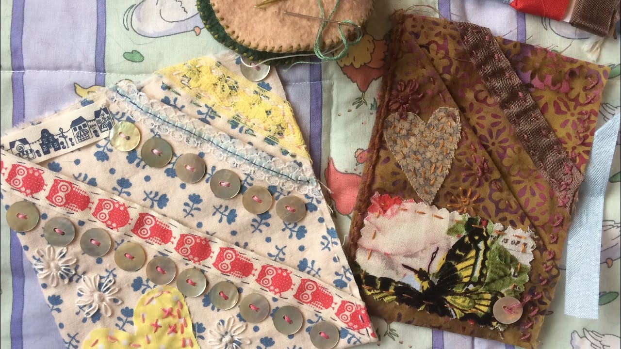 slow stitch fabric pockets for journals, painty papers on old envelopes, mixed media prompt game