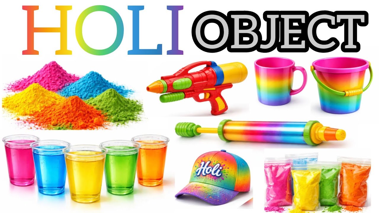 Holi objects names english and hindi | Holi festival learning for kids | happy Holi vocabulary kid's