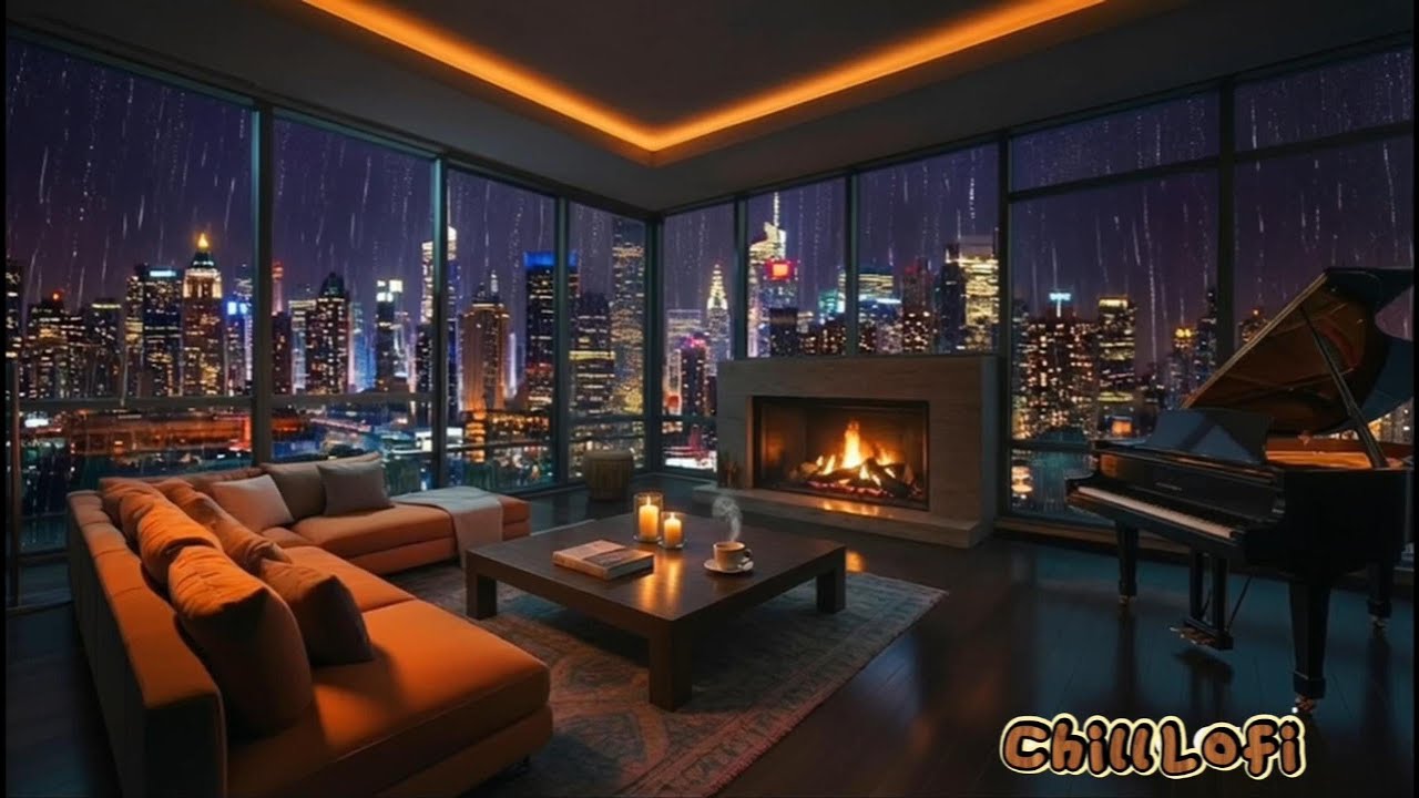 Cozy Rainy Ambience & Fireplace crackling | 90's Lofi playlist to Relax, Study & Sleep