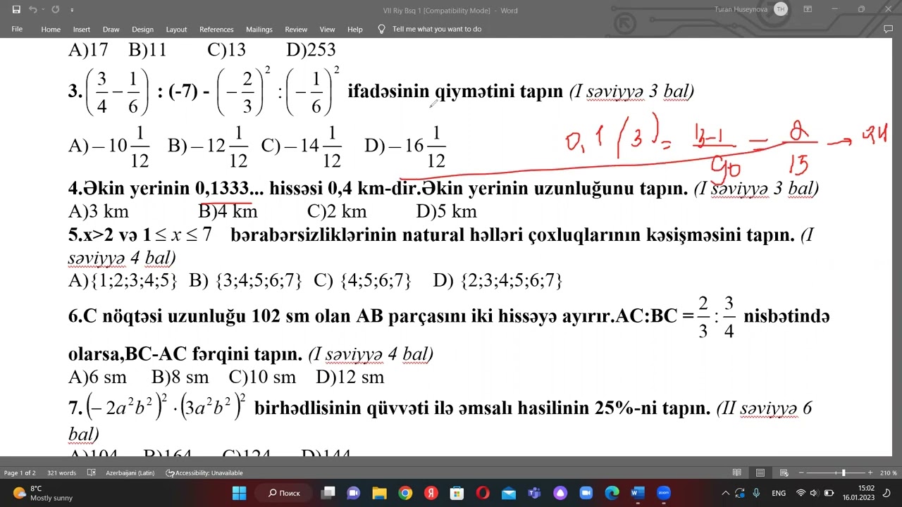 Riyaziyyat BSQ 7-ci sinif testi ( buraxılış tipli test tapşırıqları)