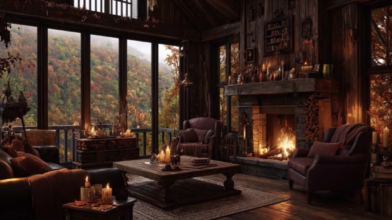 Cozy Autumn Log Cabin Ambience 🍂 Fireplace, Candles & Rain | Relaxing Fall Atmosphere (2 Hours)
