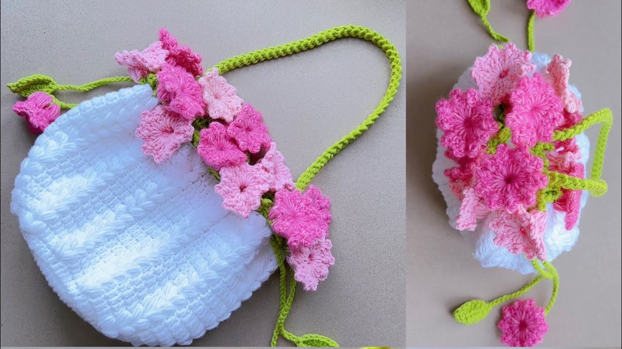 Вязаная крючком цветочная сумка 🌸 Сумочка с ландышами и шнурком
