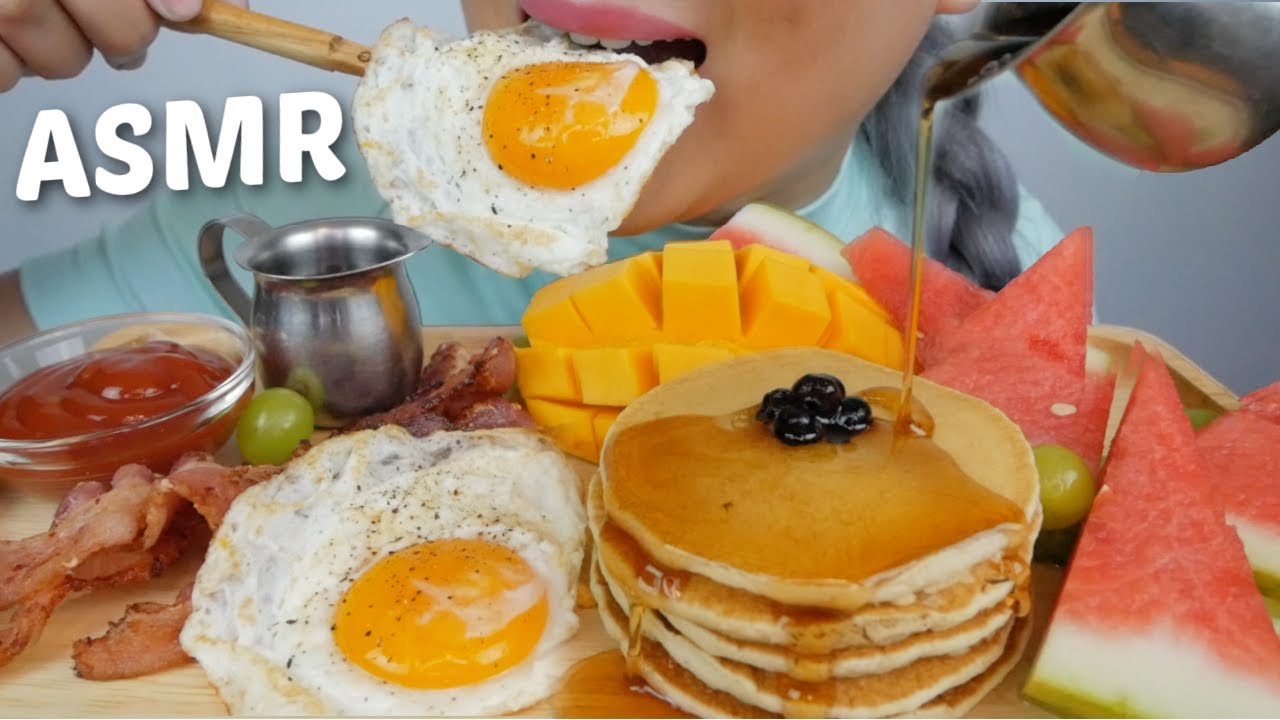 Homemade Breakfast *Pancakes, Bacon & Eggs with Delicious Assorted Fruits ASMR Relaxing Eating Sound