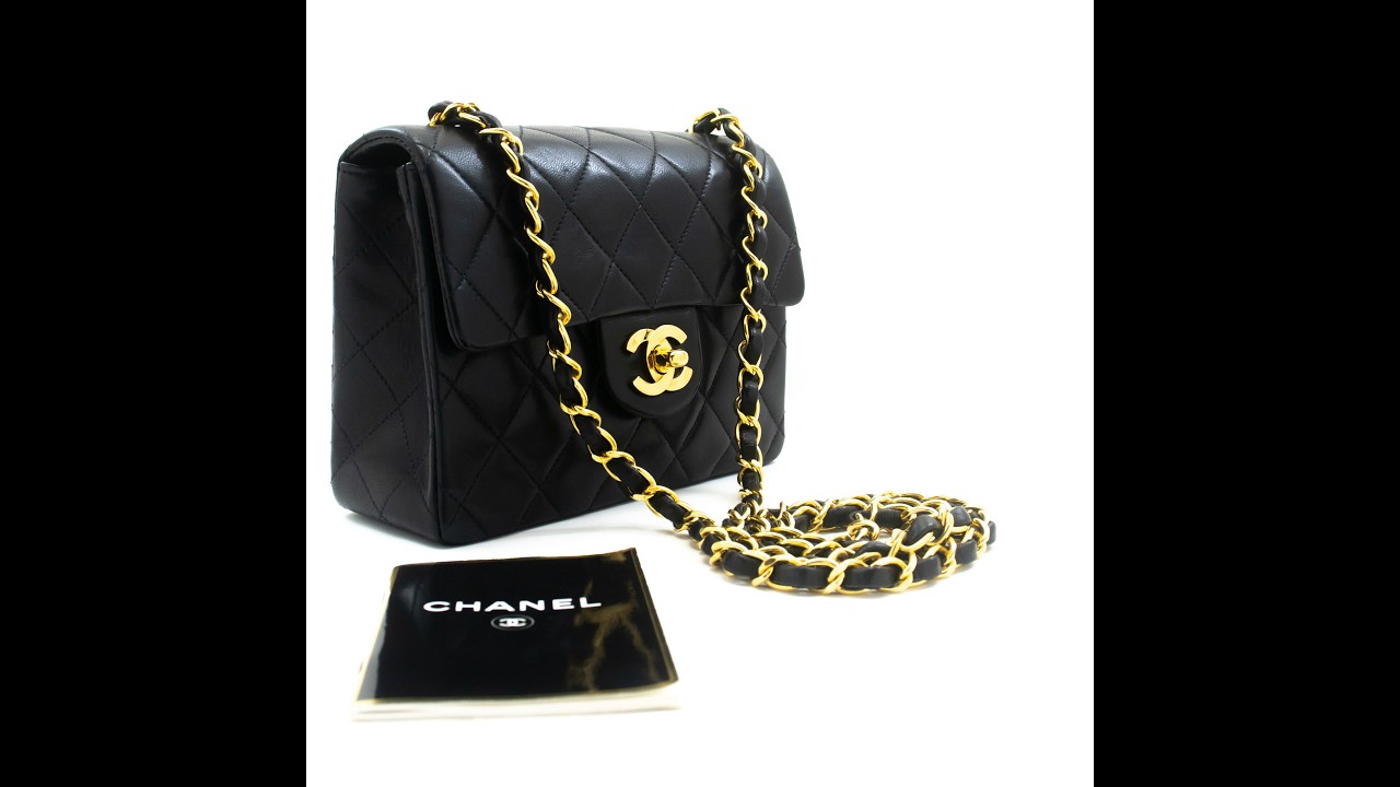 CHANEL Mini Square Small Chain Shoulder Bag Crossbody Black Lamb ac4