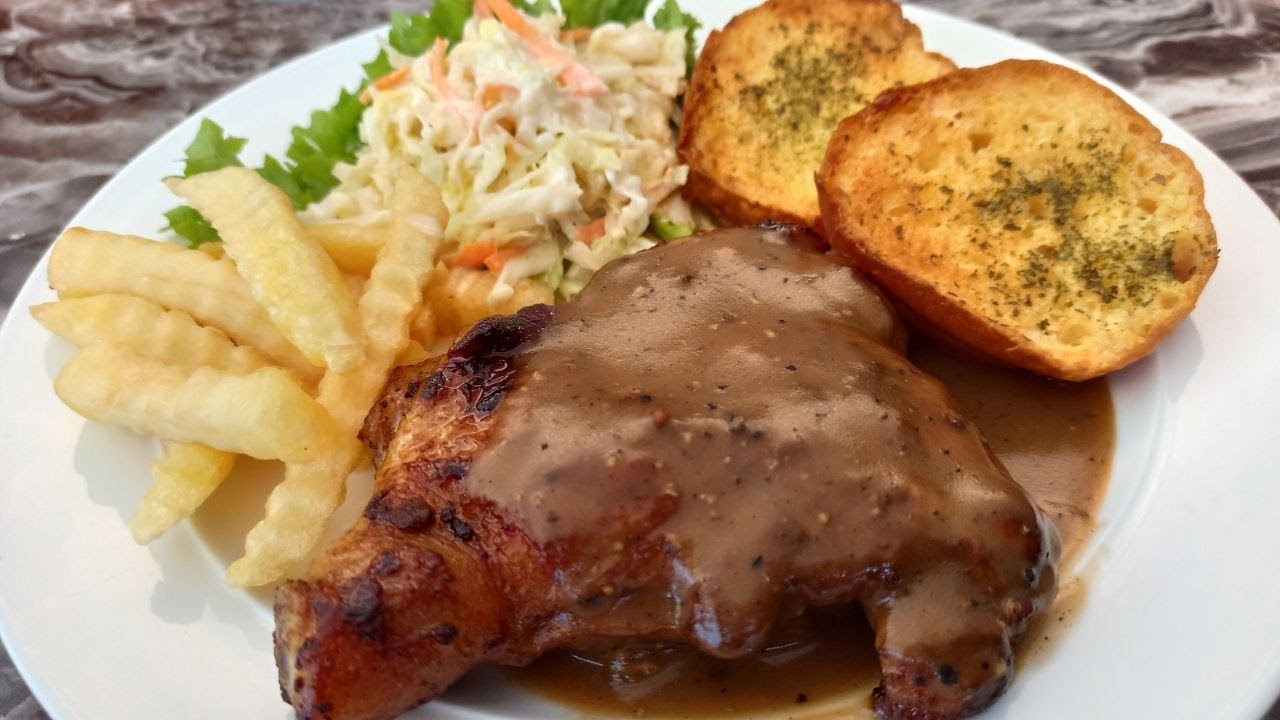 Chicken Chop with Black Pepper Sauce | Homemade Chicken Chop with Coleslaw and Garlic Bread