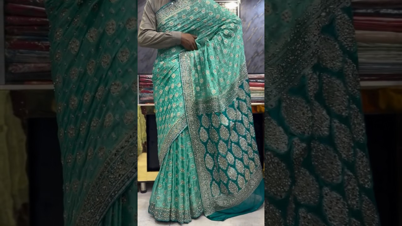 Semi Pure Double Zaree Atlas Saree With Handwork Stones And PulseWork