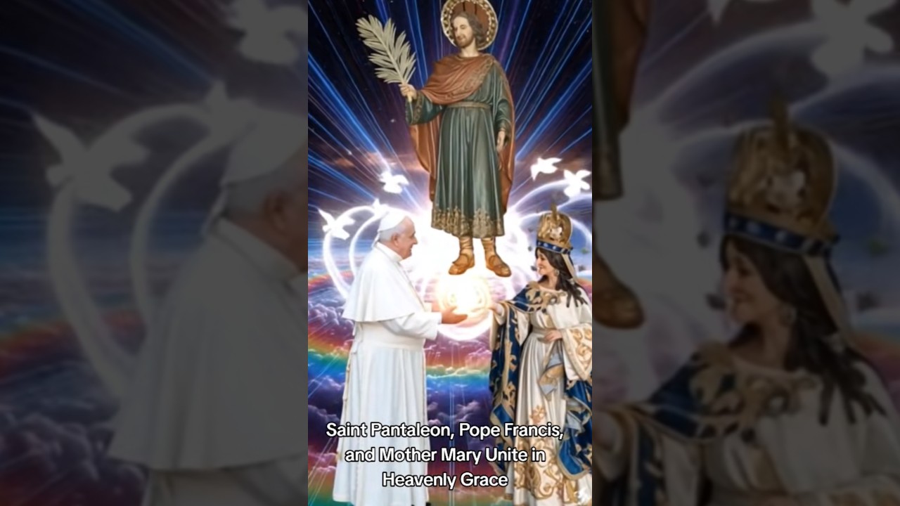 🕊✝️Saint Pantaleon, Pope Francis, and Mother Mary Unite in Heavenly Grace✝️🕊