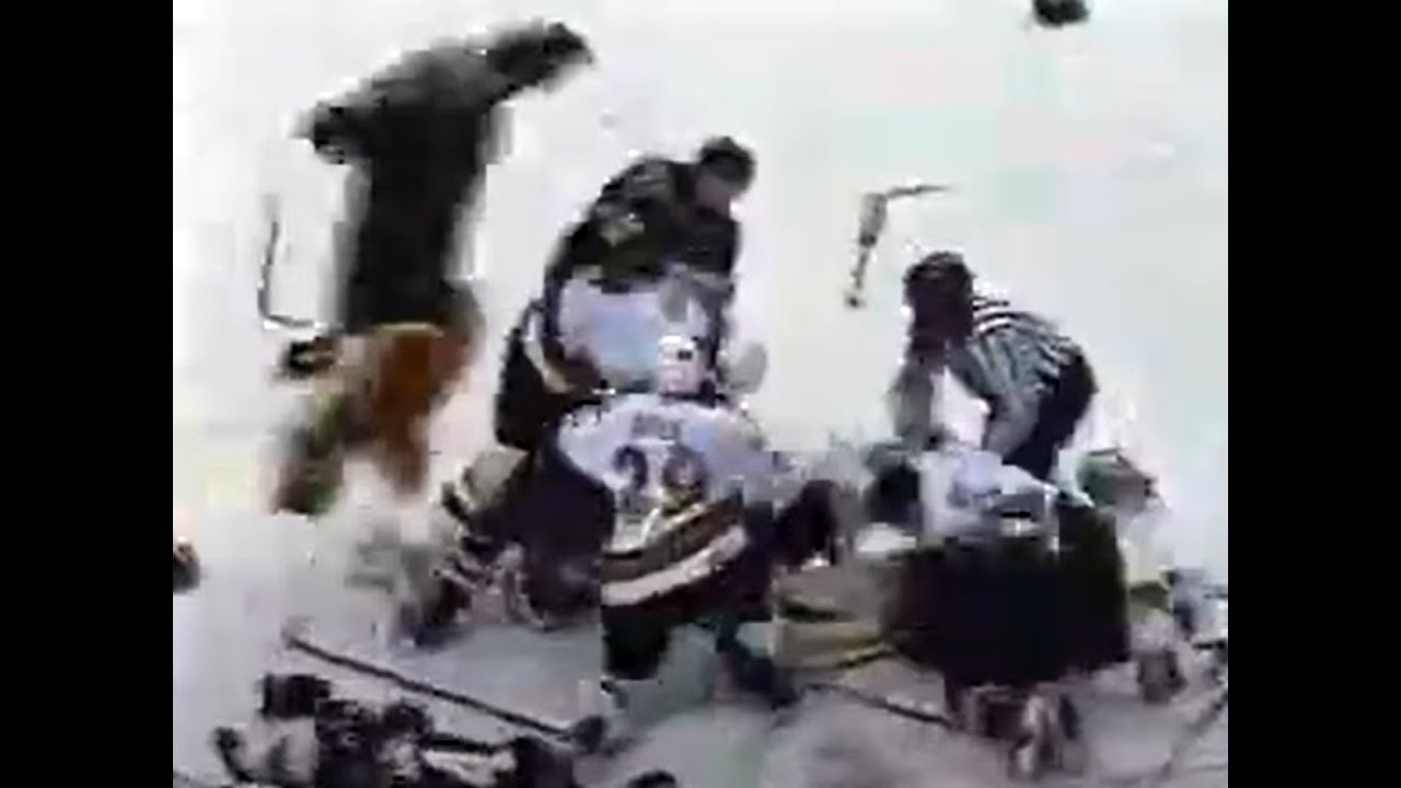 Goalie Neil Little jumps to pile of fighting Phantoms and Binghamton Senators