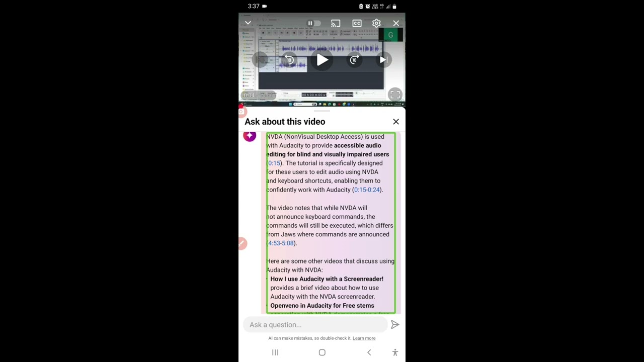 Learn how to use the ask feature of YouTube with TalkBack