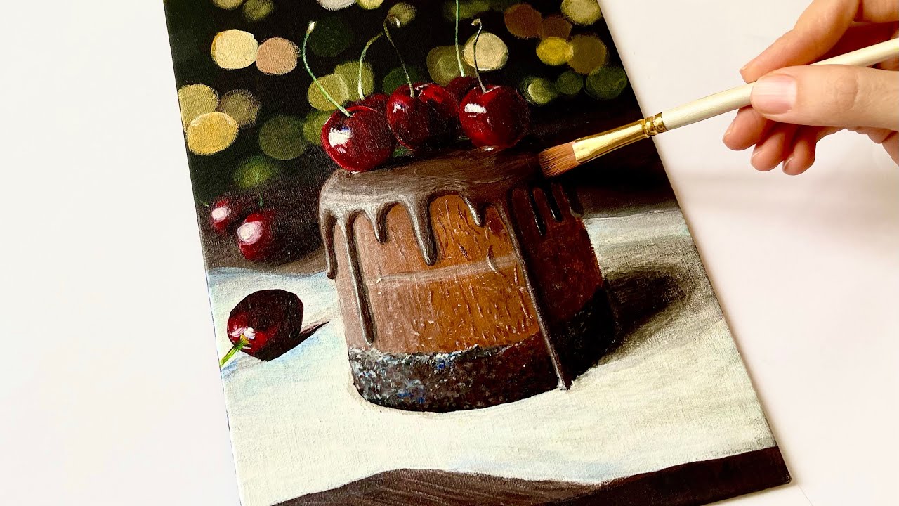 Chocolate cherry cake 🍰 🍒| Acrylic painting for beginners
