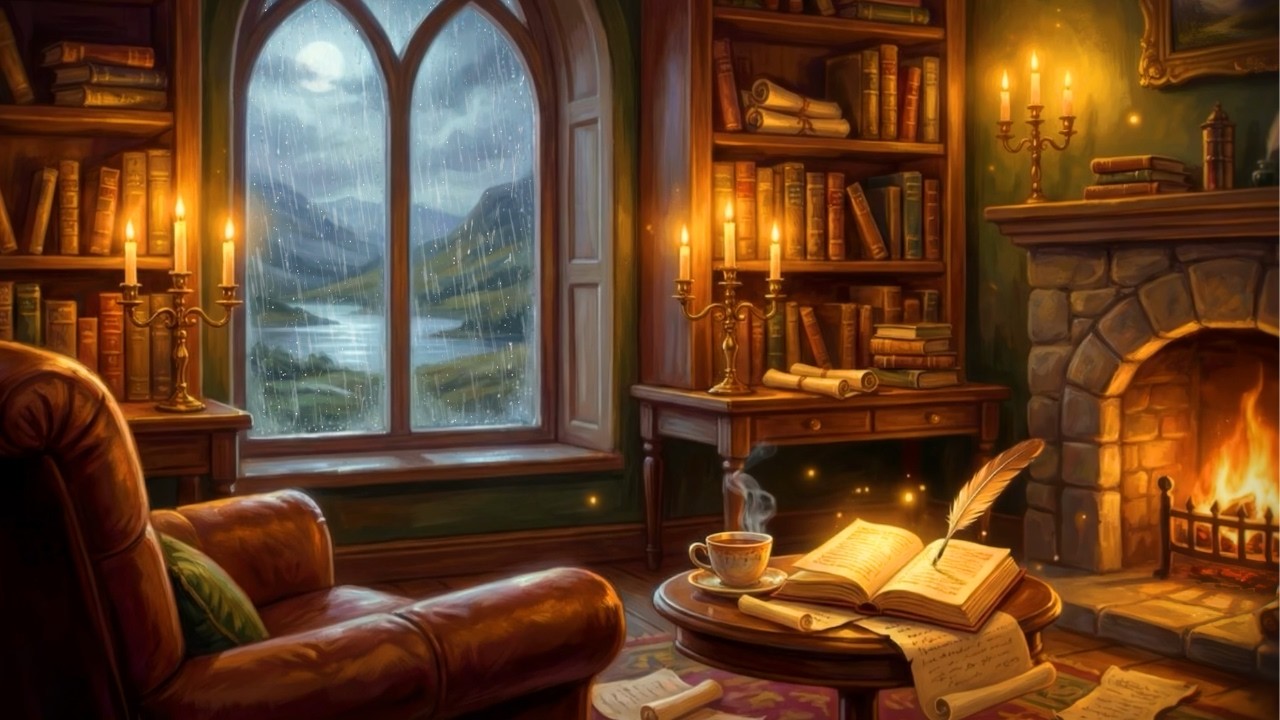 Enchanted Library Ambience — Celtic Music, Rain & Fireplace for Reading & Deep Sleep (3 Hours)