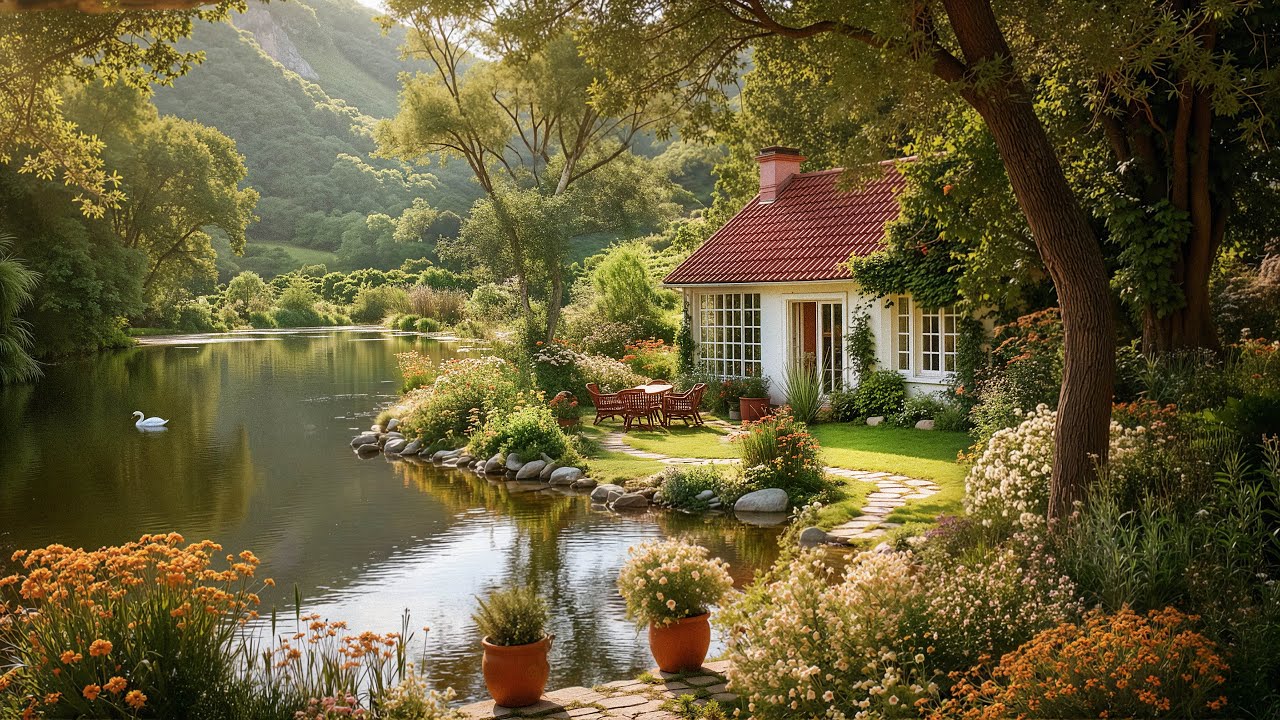 Peaceful Garden Cottage by the Lake 🌿 Soft Jazz & Nature Sounds for Relaxation, Focus & Calm