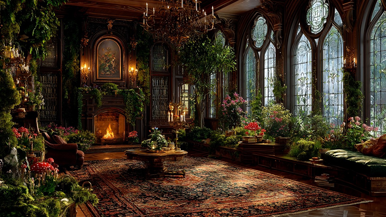 Ancient Mossy Castle Medieval | Fantasy Celtic Harp & Flute Music with Crackling Fireplace Ambience