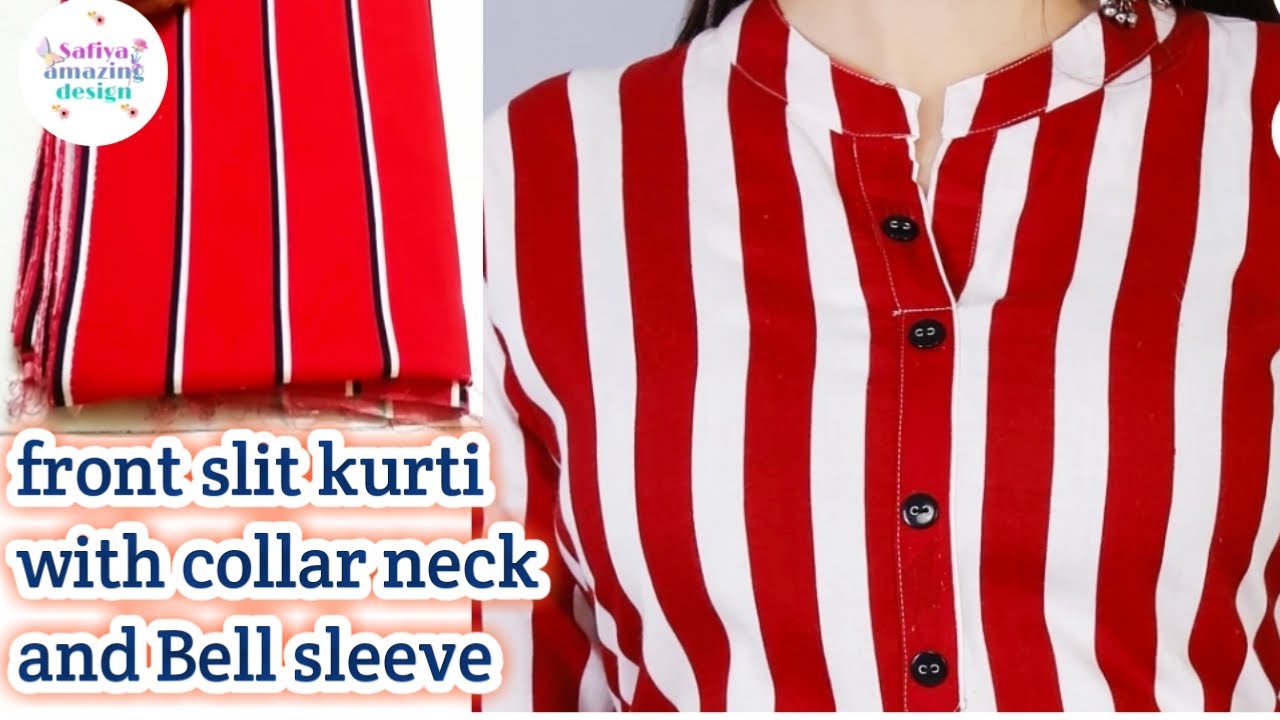 Front Slit Long Kurti with Chinese collar and bell sleeve cutting & stitching full tutorial in Hindi