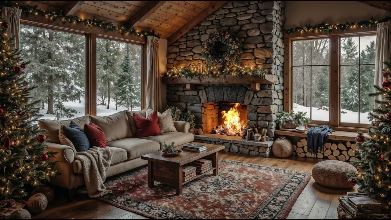 Winter Cabin Warmth Fireplace and Soft Piano Music with Falling Snow for Relaxation
