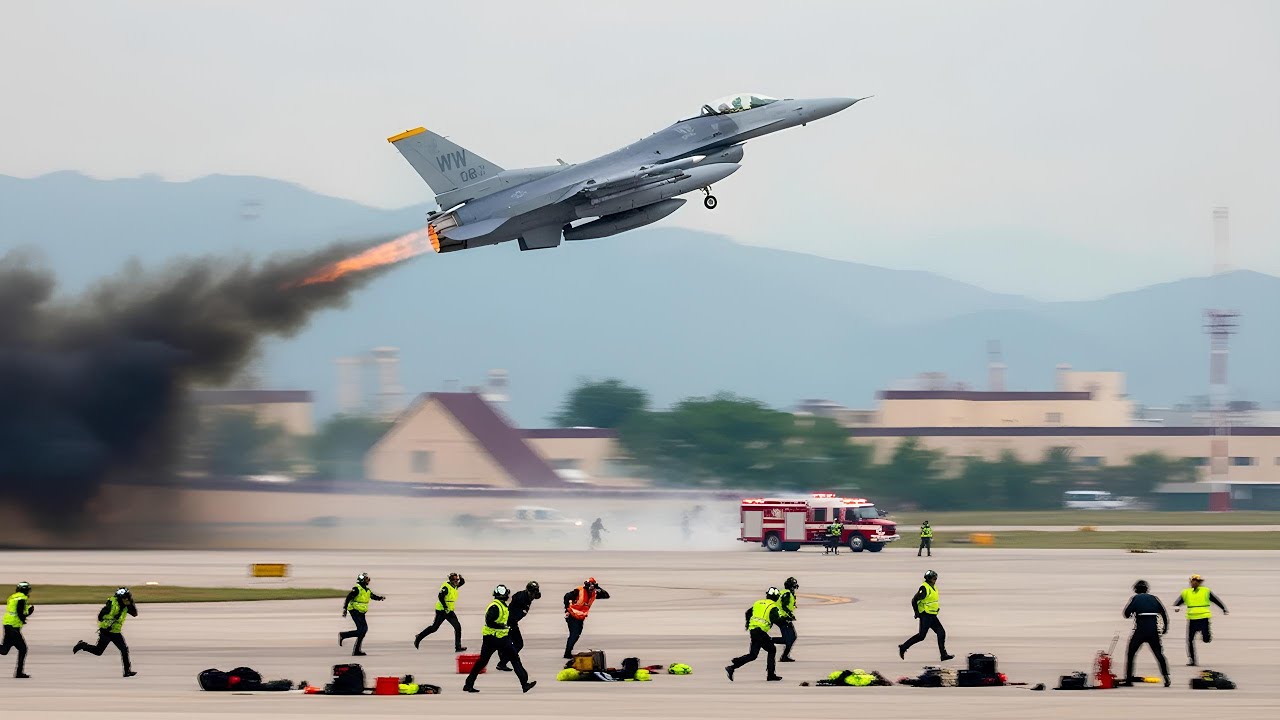 Female US Air Force F-16 Fighter Jet Pilot Takes Off at High Speed