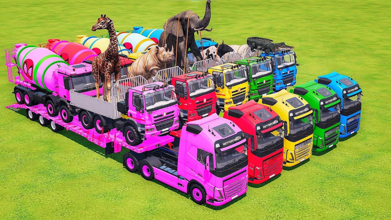 Garage with colors - ALL TRUCK WITH DOBLE FLATBED TRAILER TRUCK, VOLVO, DAF, INTERNATIONAL