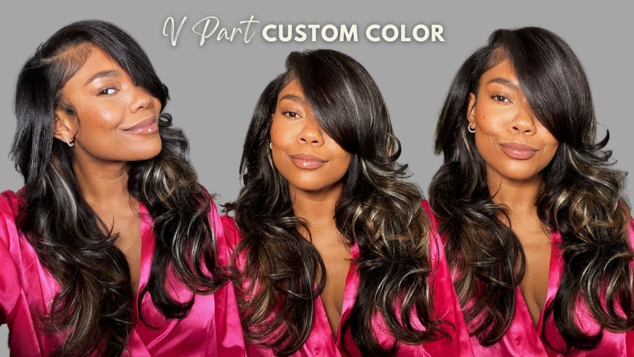 Custom Color V Part Wig w/ Highlights Deep Side Part & Layers Ft Unice