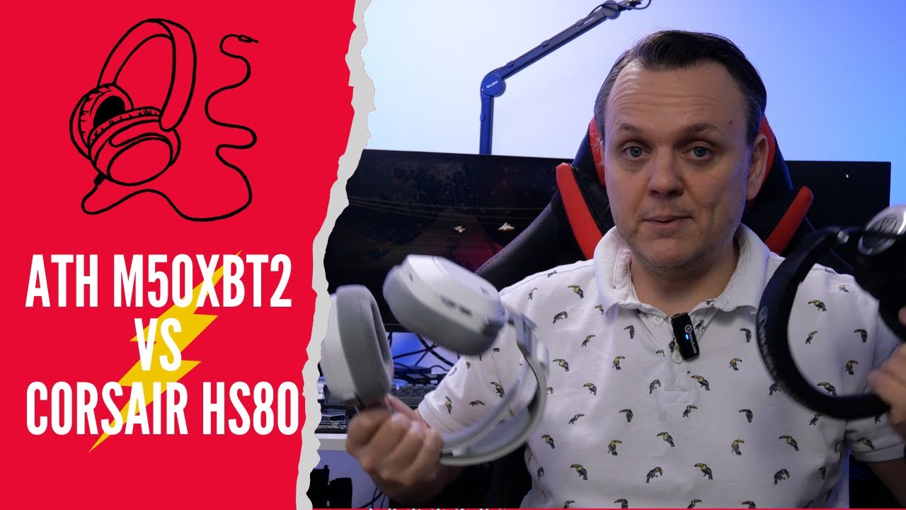 Czy słuchawki gamingowe dorównują słuchawkom audio? Test Corsair HS80 i Audio-Technica M50xBT2"