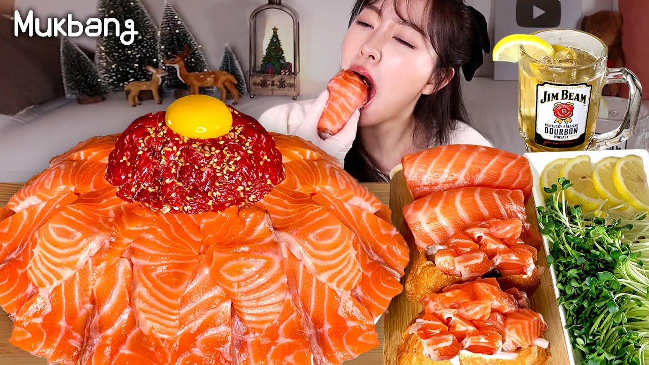 Свежий и мягкий лосось, кбитый сашими говядины, суши и вискиㅣSalmon sushi ASMR MUKBANG