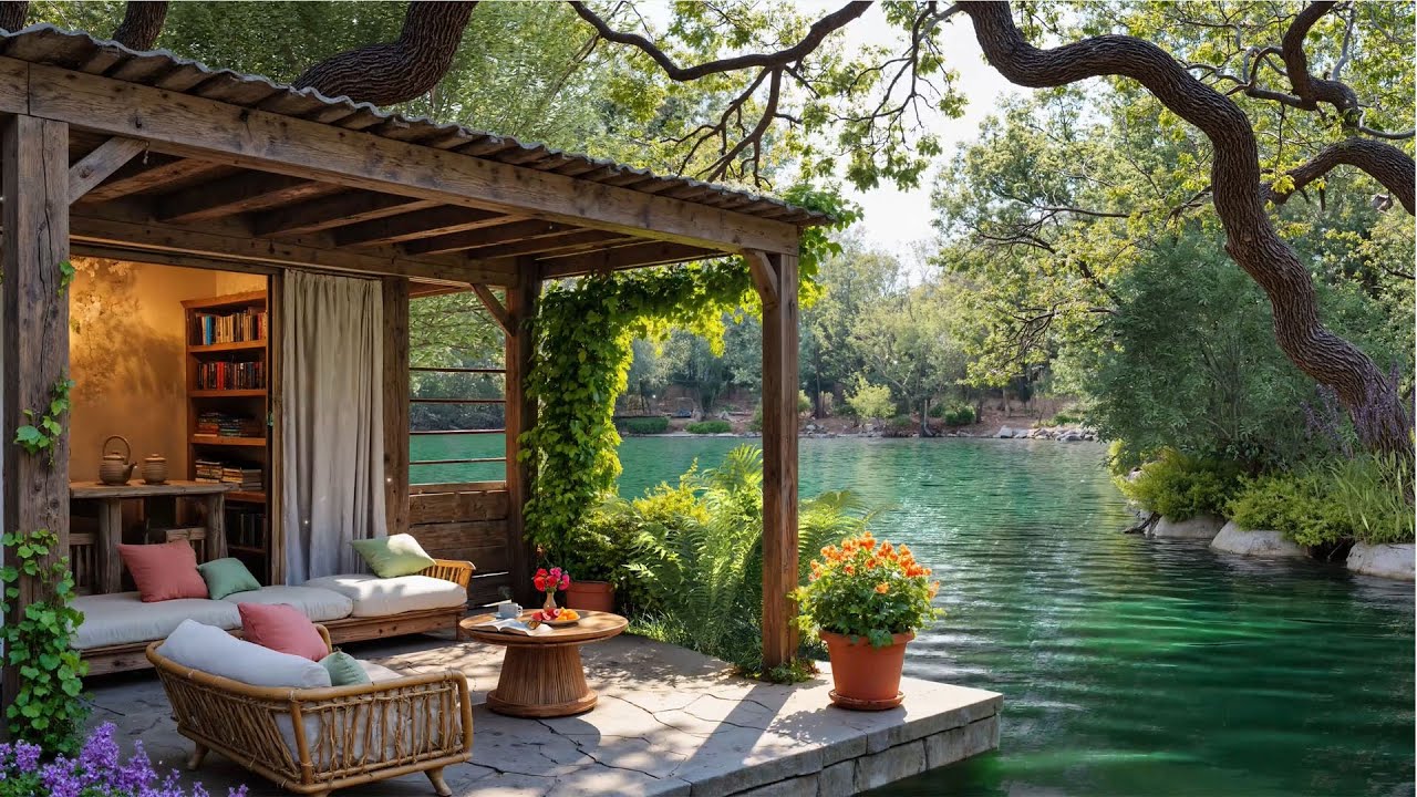 🌿 Tranquil Veranda With Jazz Ambience | Green Lake Reflections For Peaceful Work