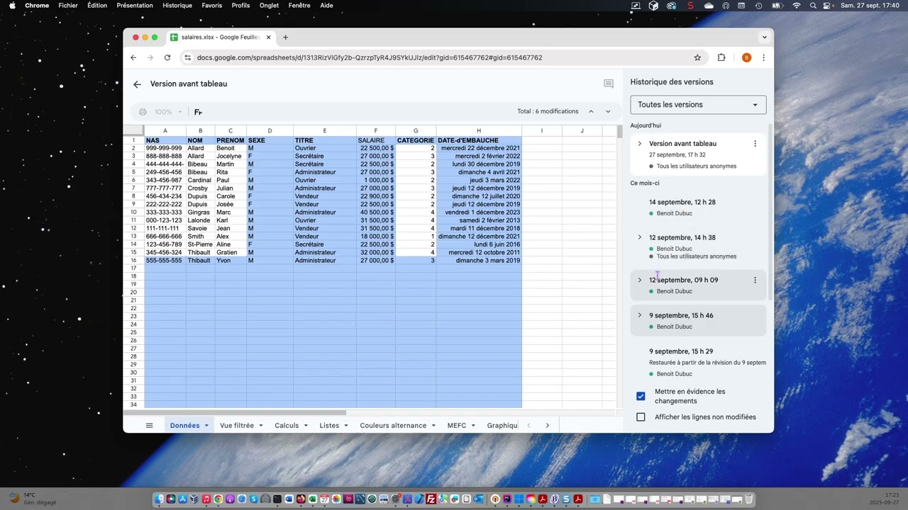 Google Sheets - utiliser l'historique des versions