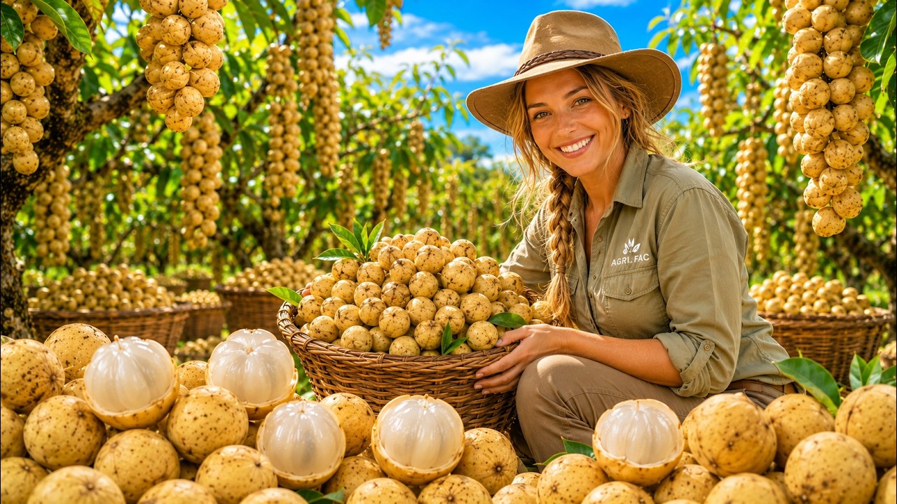 Watching Golden Langsat Harvest Giant Fruit Clusters Up Close in a Tropical Orchard