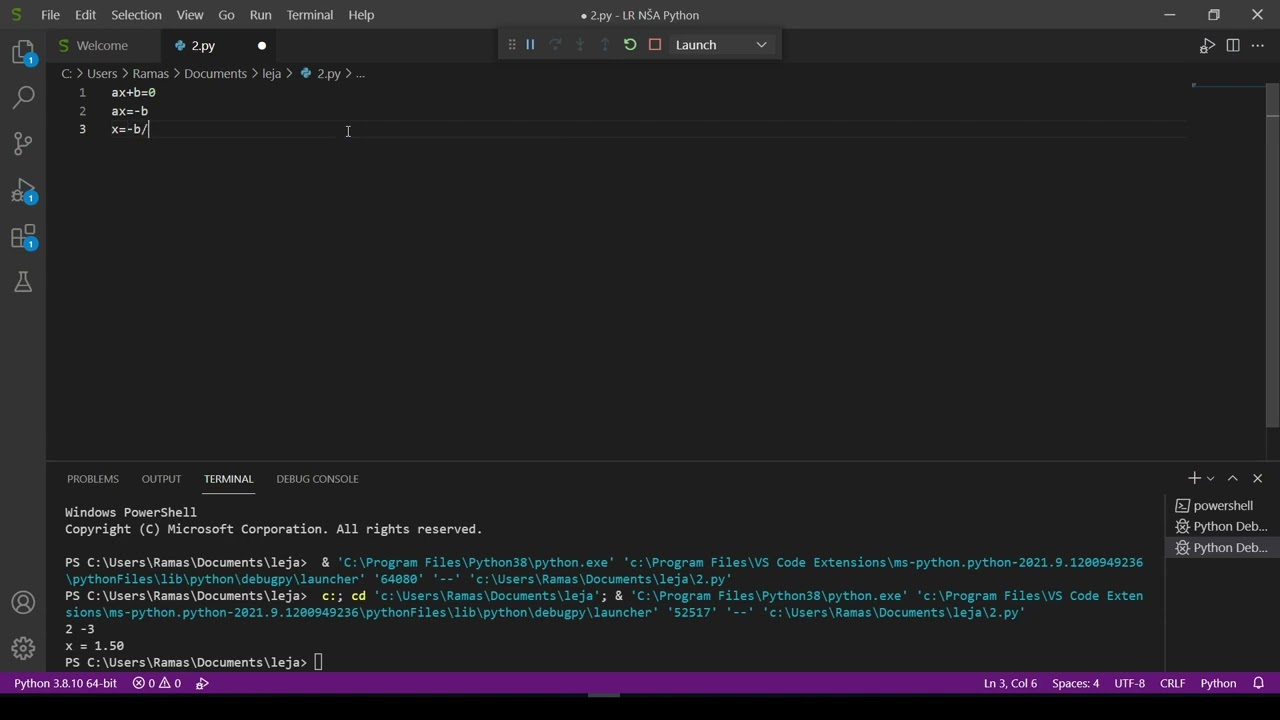 1.3. 13. ax+b=0 Sprendimas Python kalba