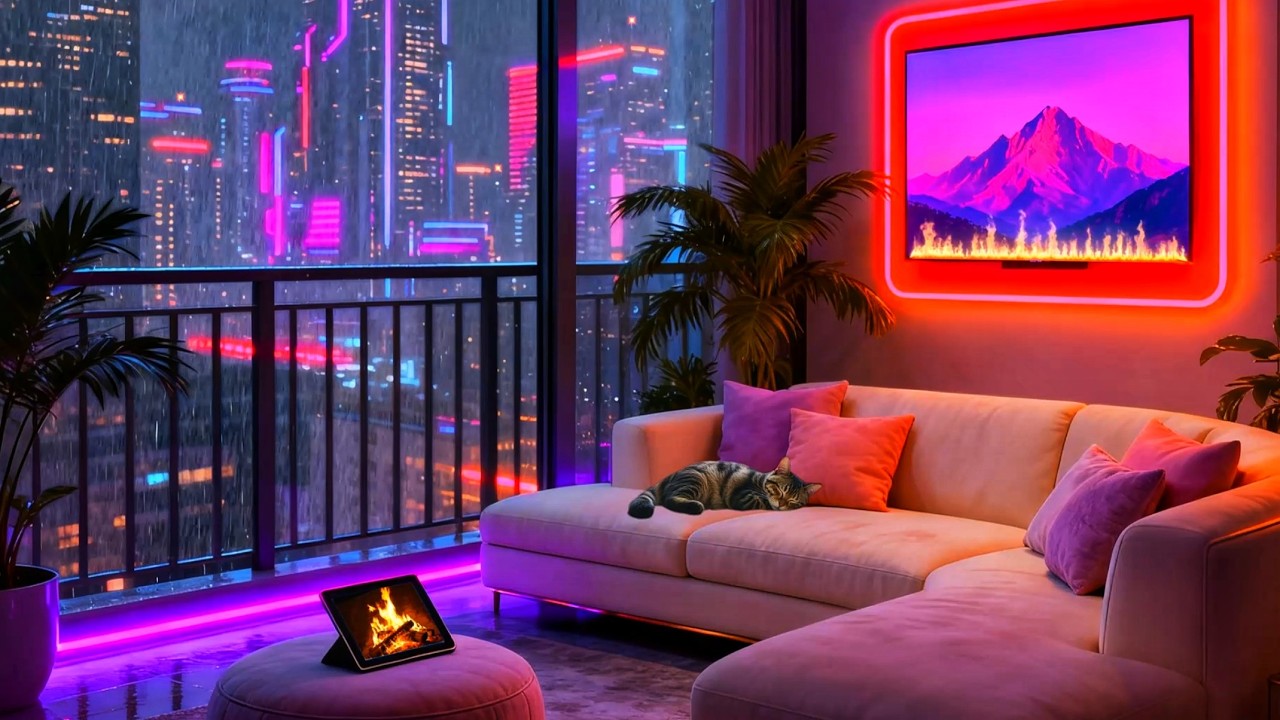 rainy night at your futuristic apartment ☔ lofi beats to sleep/chill 🐱 cozy cat & fireplace