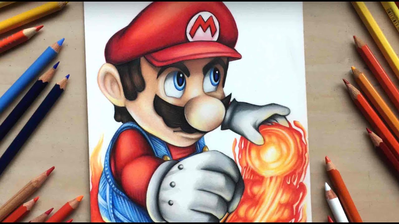 Drawing Mario from Nintendo using coloured pencils