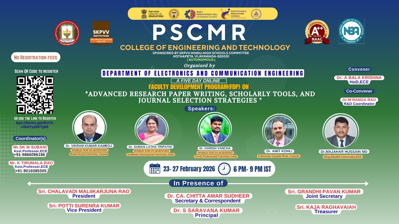 PSCMRCET-ECE-FDP ON ADVANCED RESEARCH PAPER WRITING, SCHOLARLY TOOLS, & JOURNAL SELECTION STRATEGIES