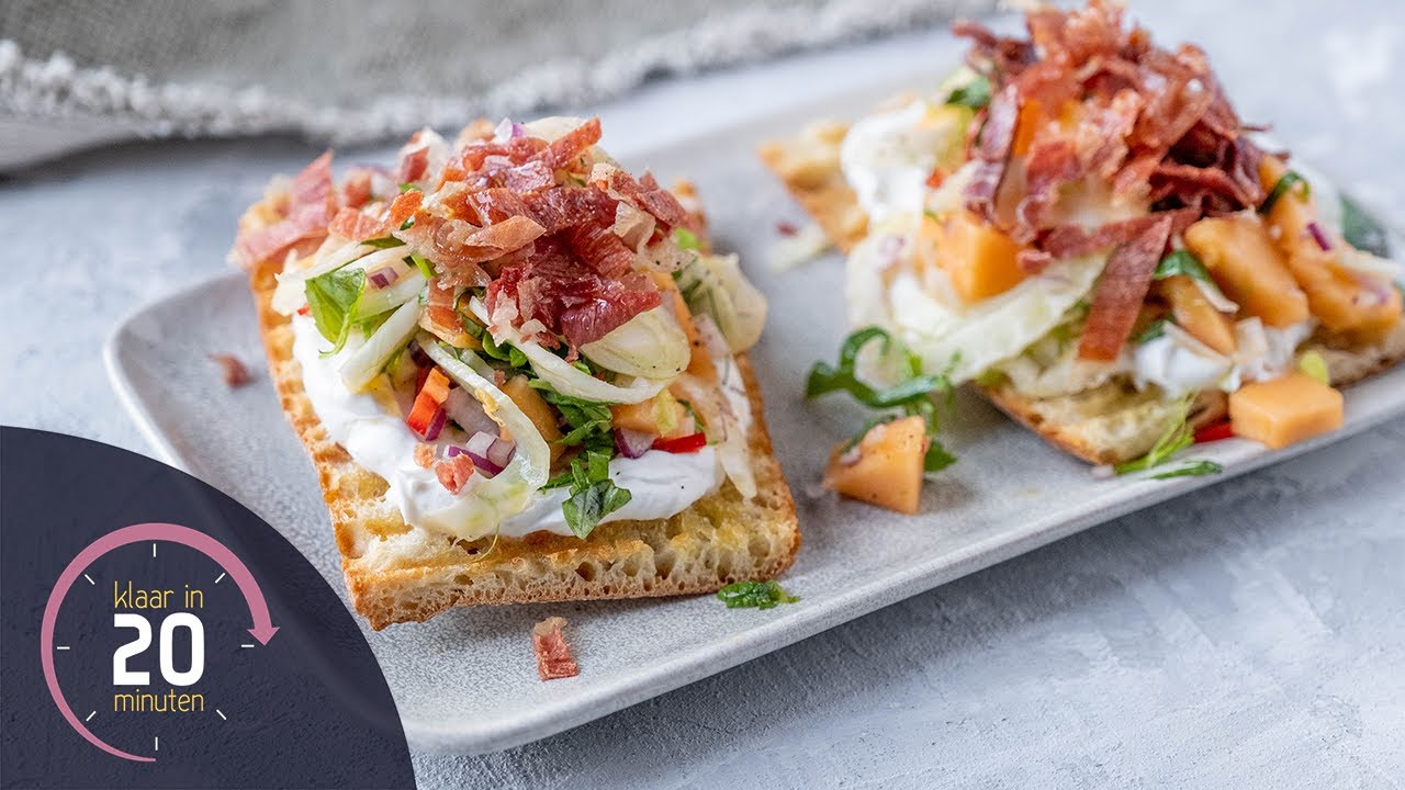 Bruschetta met geitenkaas, meloensalsa & Parmaham | Klaar in 20 minuten