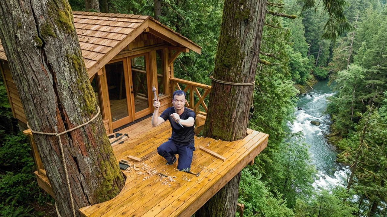 Man Builds a Log Cabin Between Two Giant Trees — Alone From Start to Finish