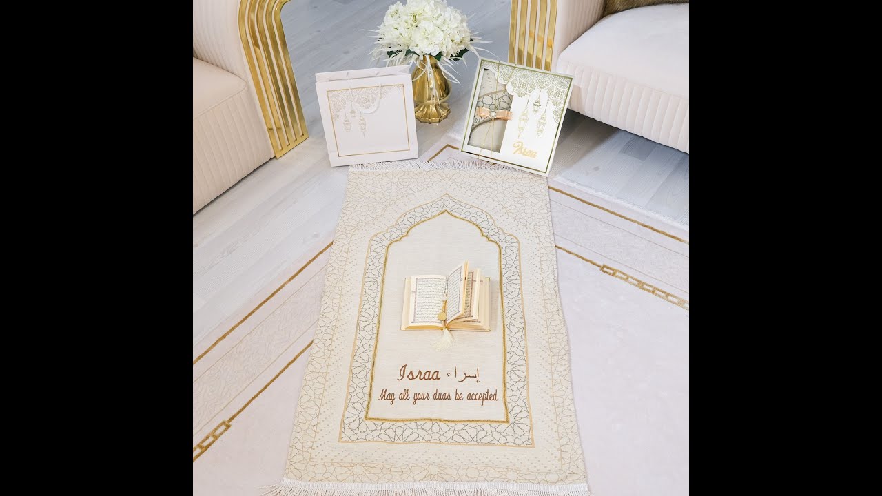 Personalized Velvet Thick Prayer Mat Quran Tasbeeh Islamic Gift Set