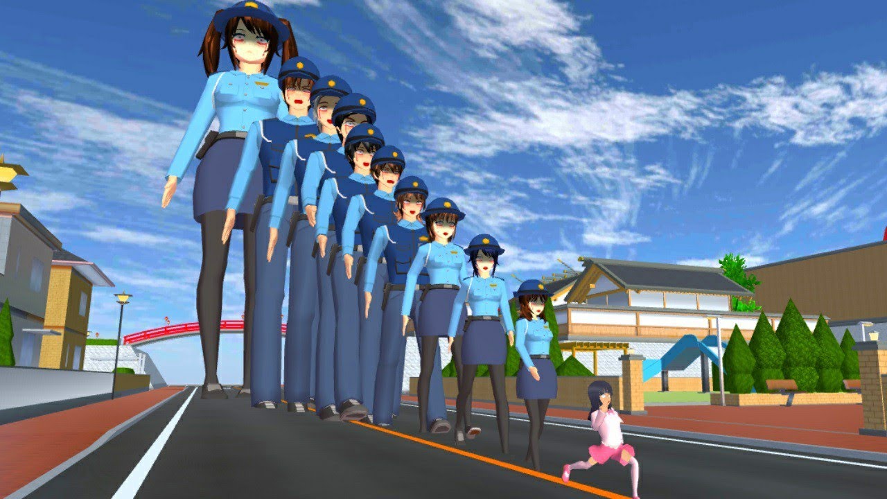 Mio dihadang oleh monster polisi didepan gerbang park sakura school simulator