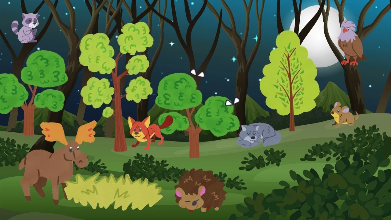 A Calm Woodland Night - Sensory video with animated forest animals.  Music only