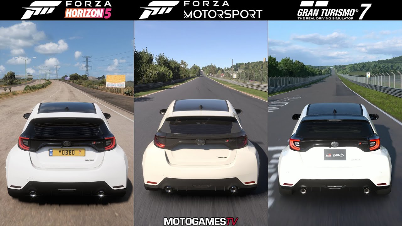 Forza Horizon 5 vs Forza Motorsport (2023) vs Gran Turismo 7 - Toyota GR Yaris Sound Comparison