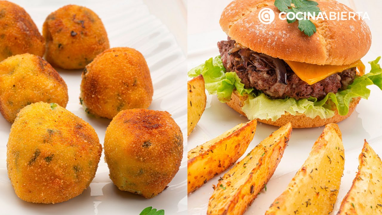 Croquetas de espinacas - Hamburguesa de entrécula con patatas especiadas - Cocina Abierta