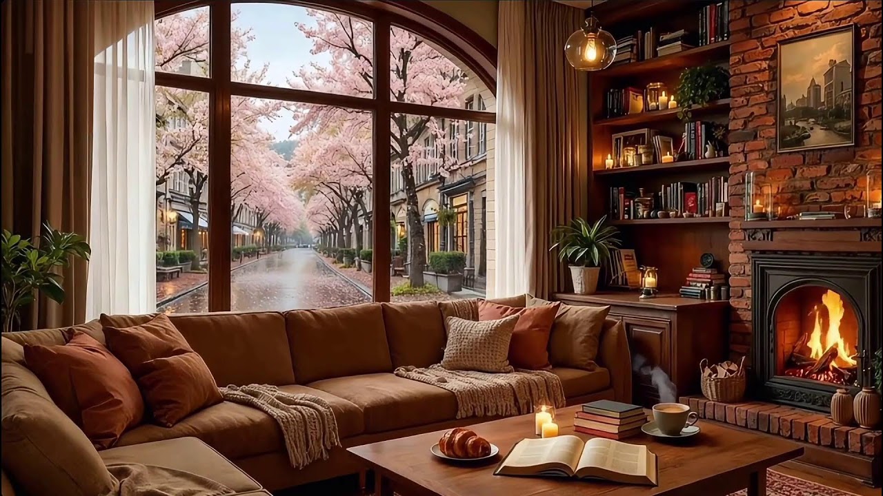Quiet Rainy Café Ambience | Soft Jazz Piano & Fireplace Sounds for Study, Work & Relax