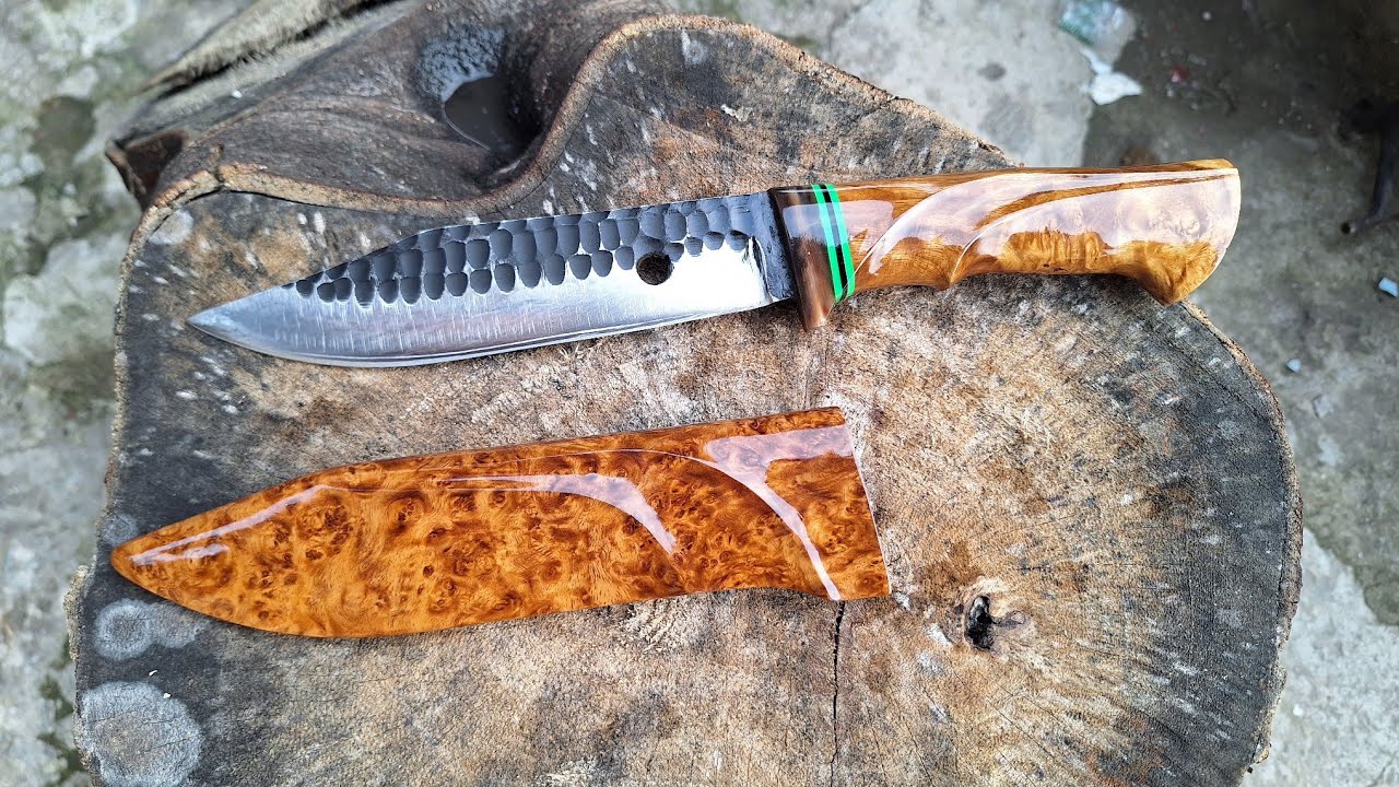 cara membuat gagang dan sarung pisau bushcraft keren dan cantik dari kayu burl amboyna