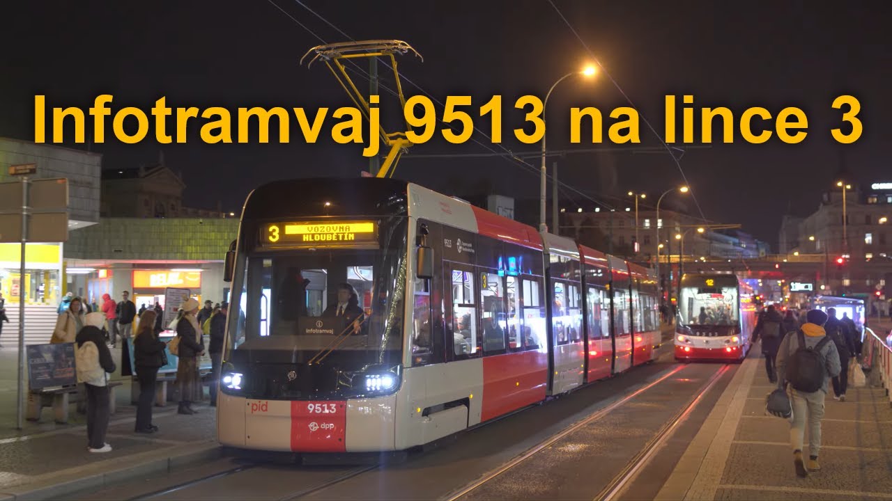 Infotramvaj 52T 9513 na lince 3, prezentace map, nových tratě, změn linek, 10.11.2025