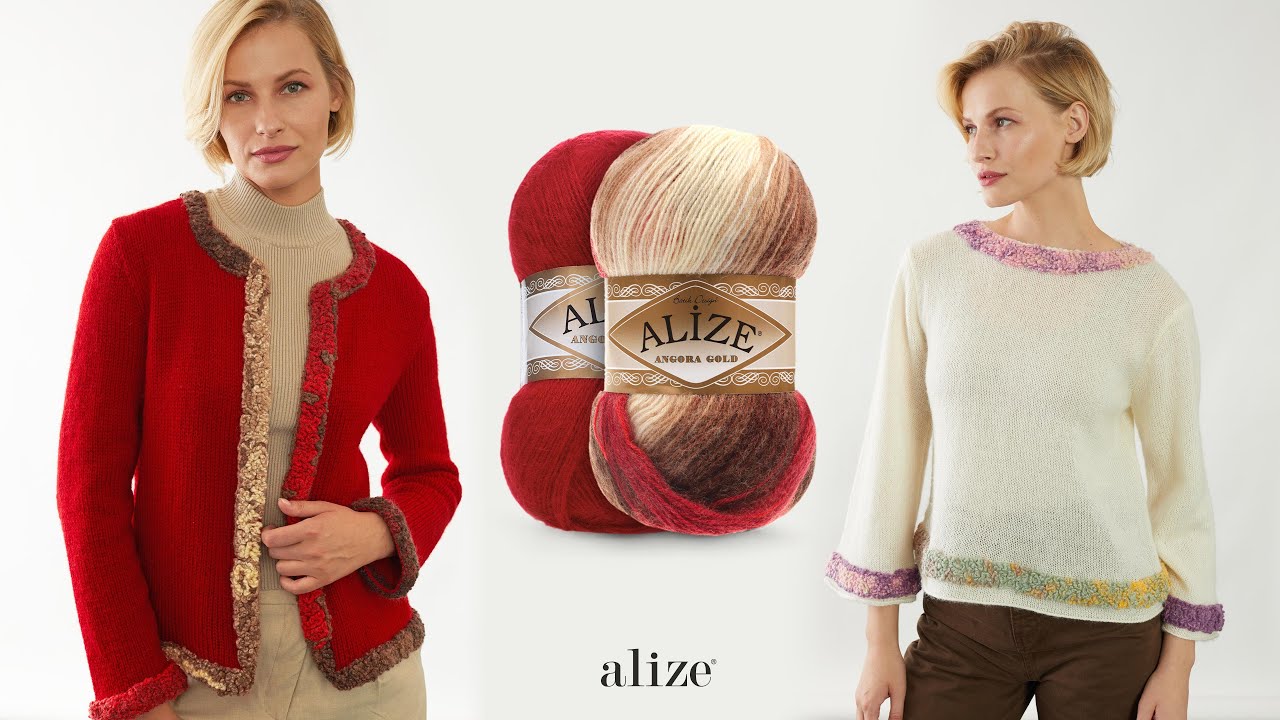 Вязаный крючком кардиган с деталями из пряжи Alize Angora Gold Batik